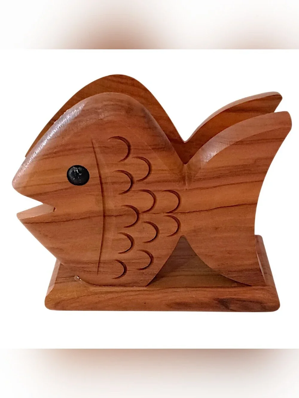 Olive Wood Fish Napkin Holder Carved Coastal Beach Kitchen Mail Desk Organizer